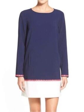 Vineyard Vines Navy color block dress with pink embroidering